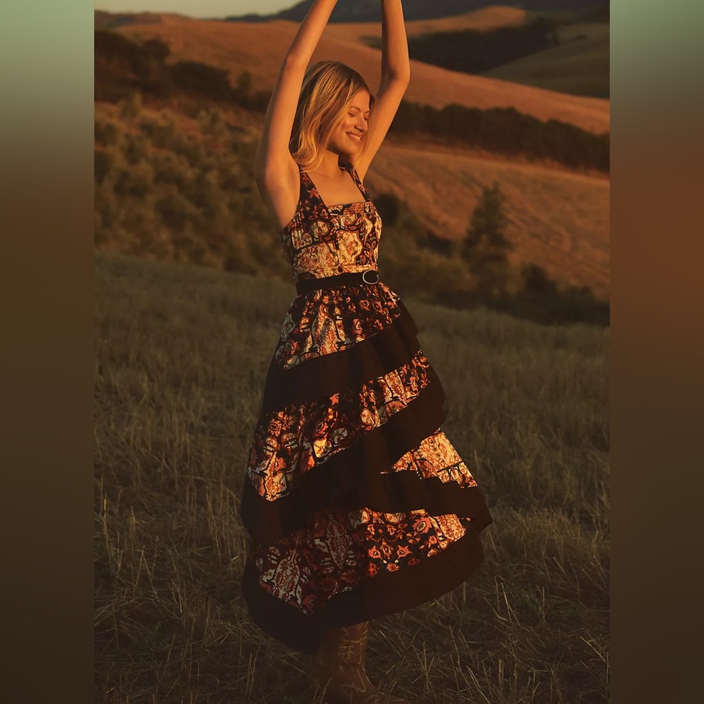 by Anthropologie Square-Neck Printed Tiered Midi Dress, New